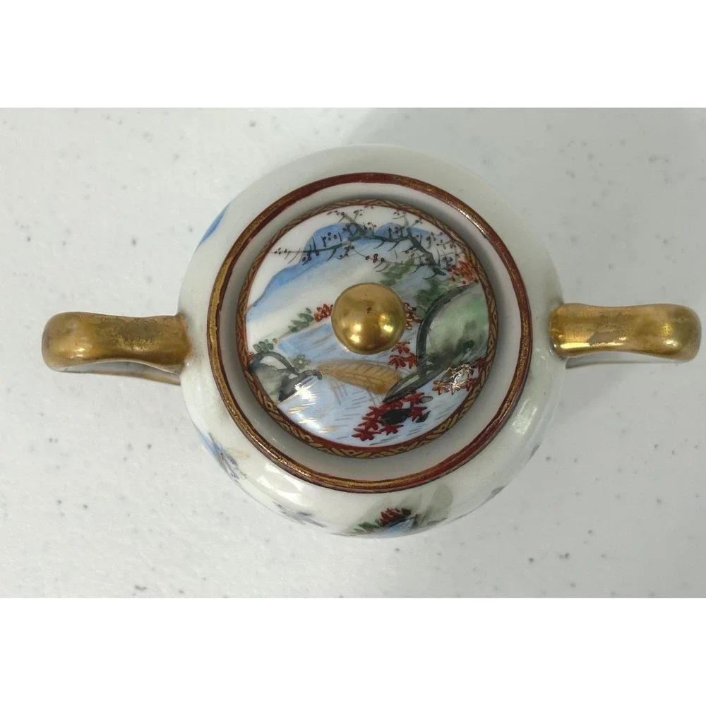Vintage Japanese Hand Painted Porcelain Creamer and Sugar Bowl Set Waterfall